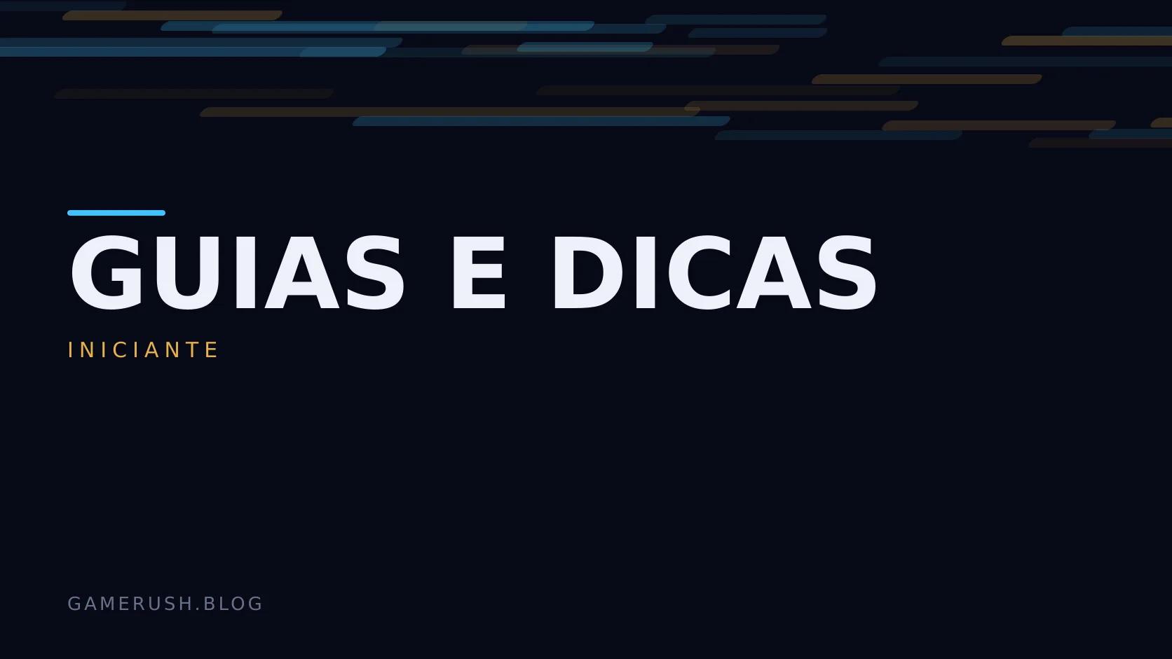 Placa tipográfica com a categoria Guias e dicas em destaque, o nível iniciante abaixo, e um campo de barras verticais ciano sobre fundo escuro.