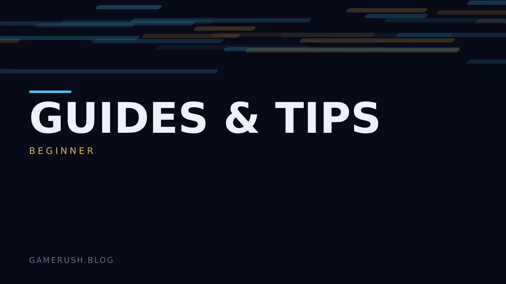 Typographic plate with the Guides & Tips category in large type, the beginner level below it, and a field of vertical cyan bars on a dark background.