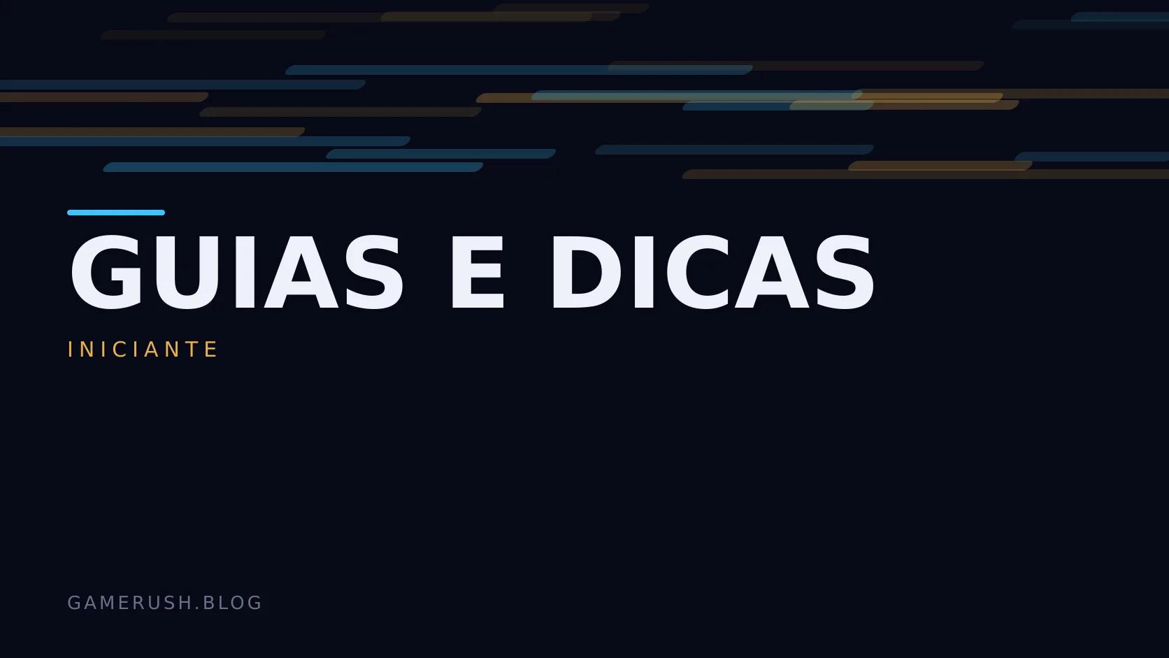 Placa tipográfica com a categoria Guias e dicas em destaque, o nível iniciante abaixo, e um campo de barras verticais ciano sobre fundo escuro.