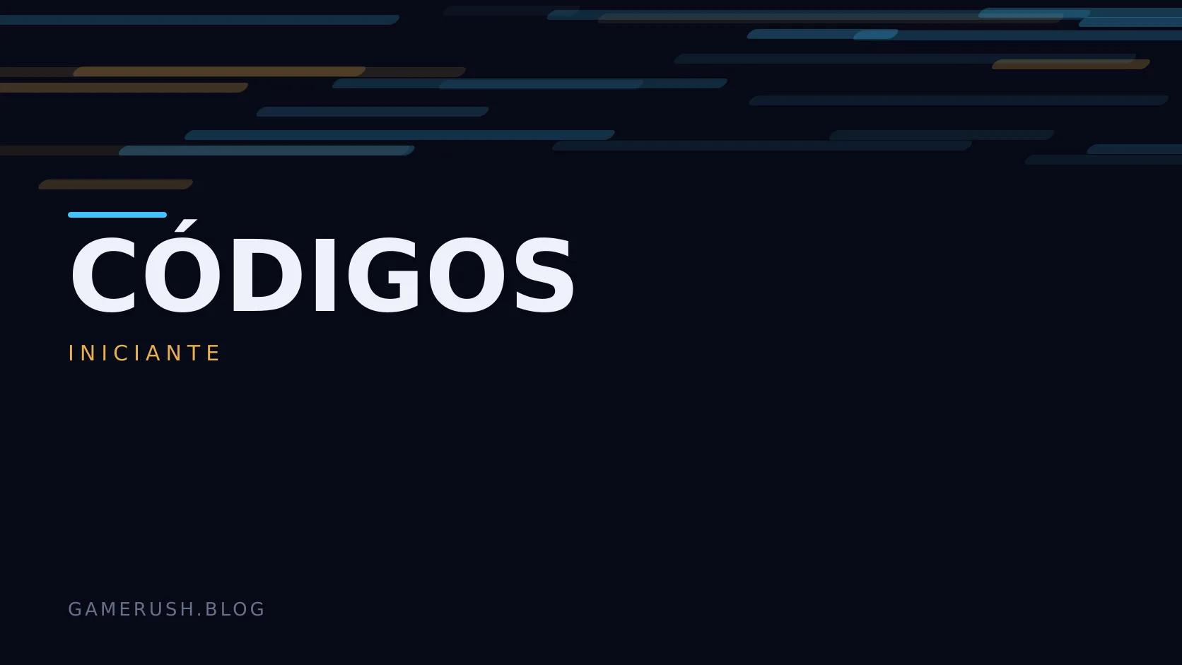 Placa tipográfica com a categoria Códigos em destaque, o nível iniciante abaixo, e um campo de barras verticais ciano sobre fundo escuro.