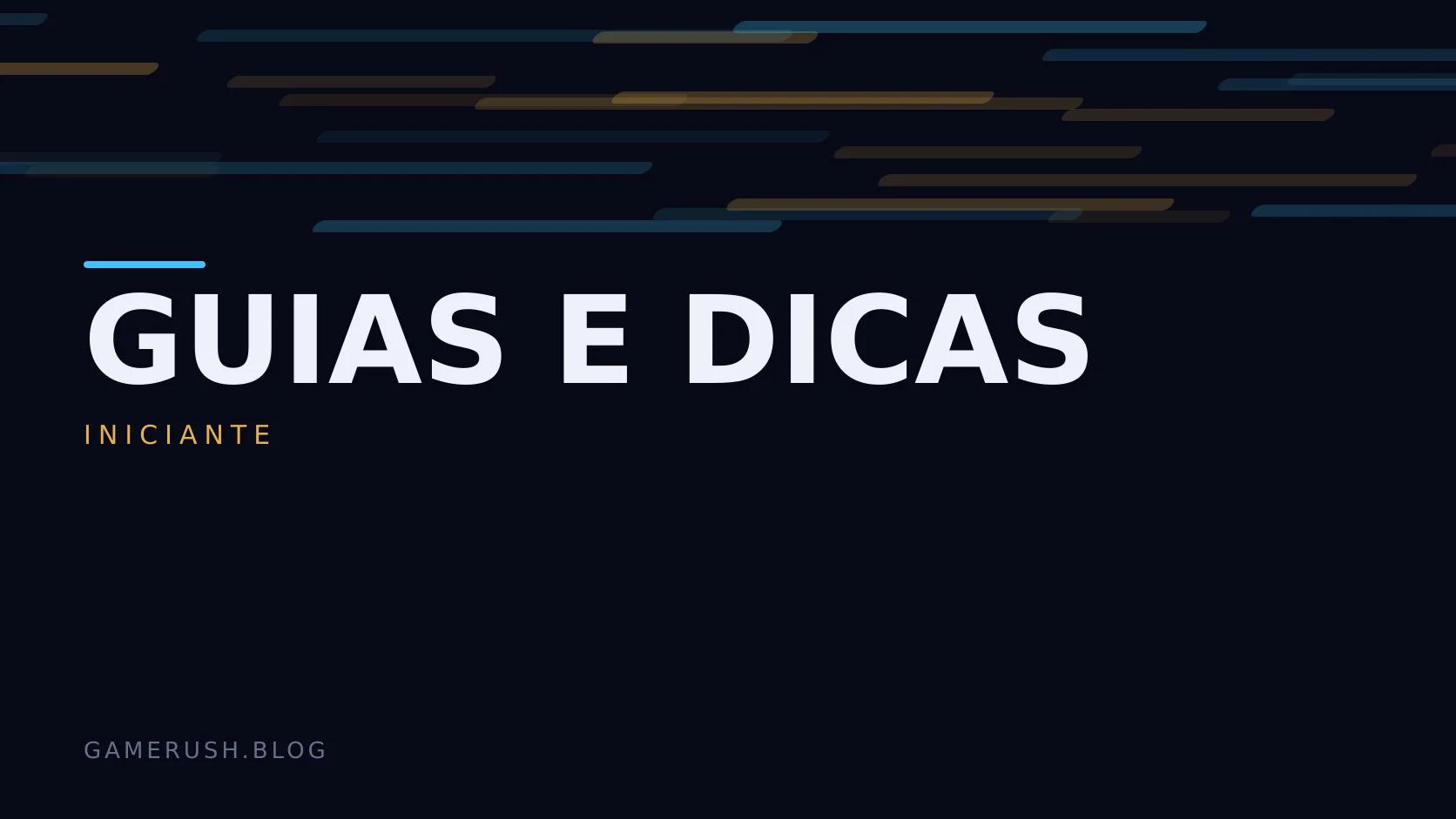 Placa tipográfica com a categoria Guias e dicas em destaque, o nível iniciante abaixo, e um campo de barras verticais ciano sobre fundo escuro.