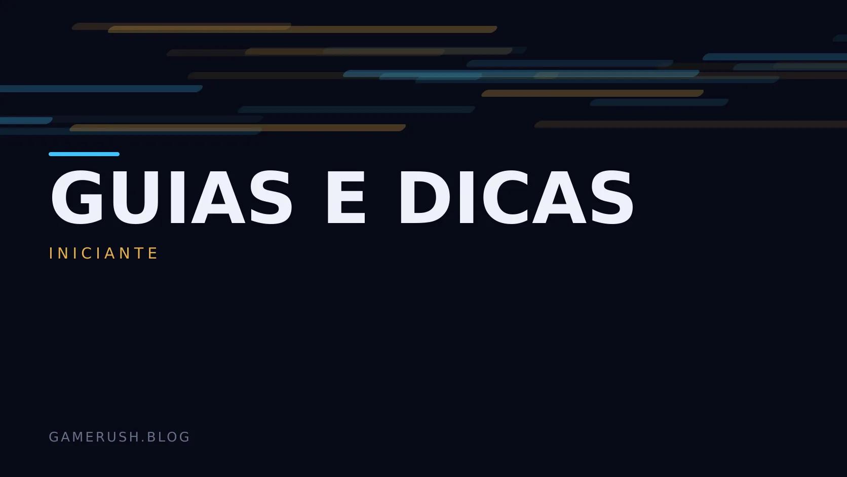 Placa tipográfica com a categoria Guias e dicas em destaque, o nível iniciante abaixo, e um campo de barras verticais ciano sobre fundo escuro.