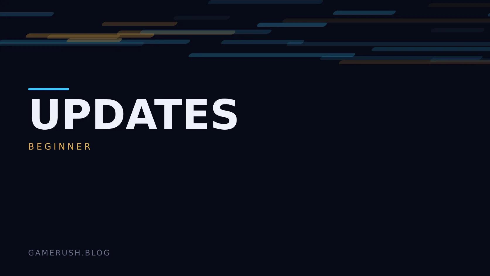 Typographic plate with the Updates category in large type, the beginner level below it, and a field of vertical cyan bars on a dark background.