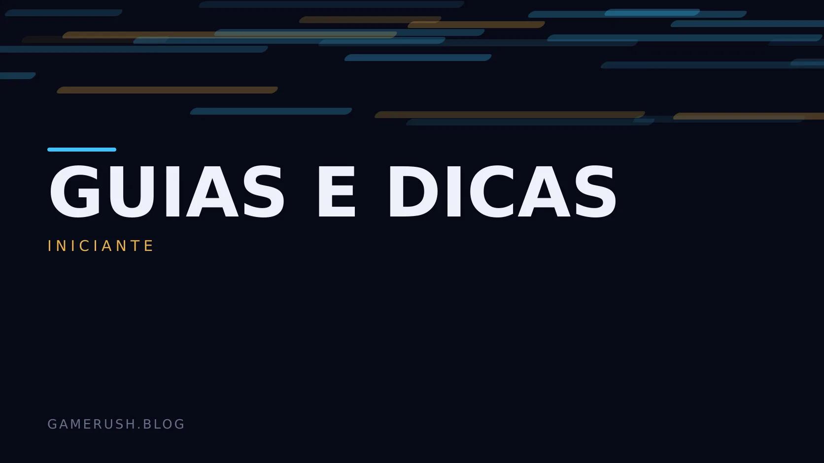 Placa tipográfica com a categoria Guias e dicas em destaque, o nível iniciante abaixo, e um campo de barras verticais ciano sobre fundo escuro.