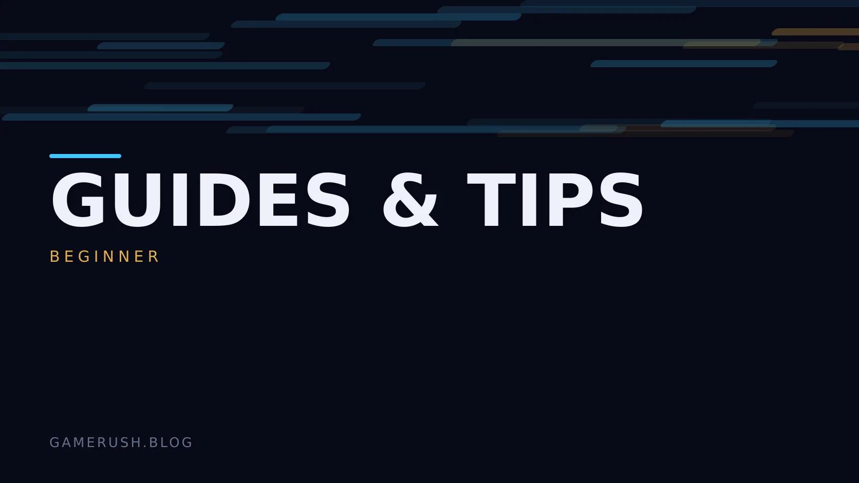 Typographic plate with the Guides & Tips category in large type, the beginner level below it, and a field of vertical cyan bars on a dark background.