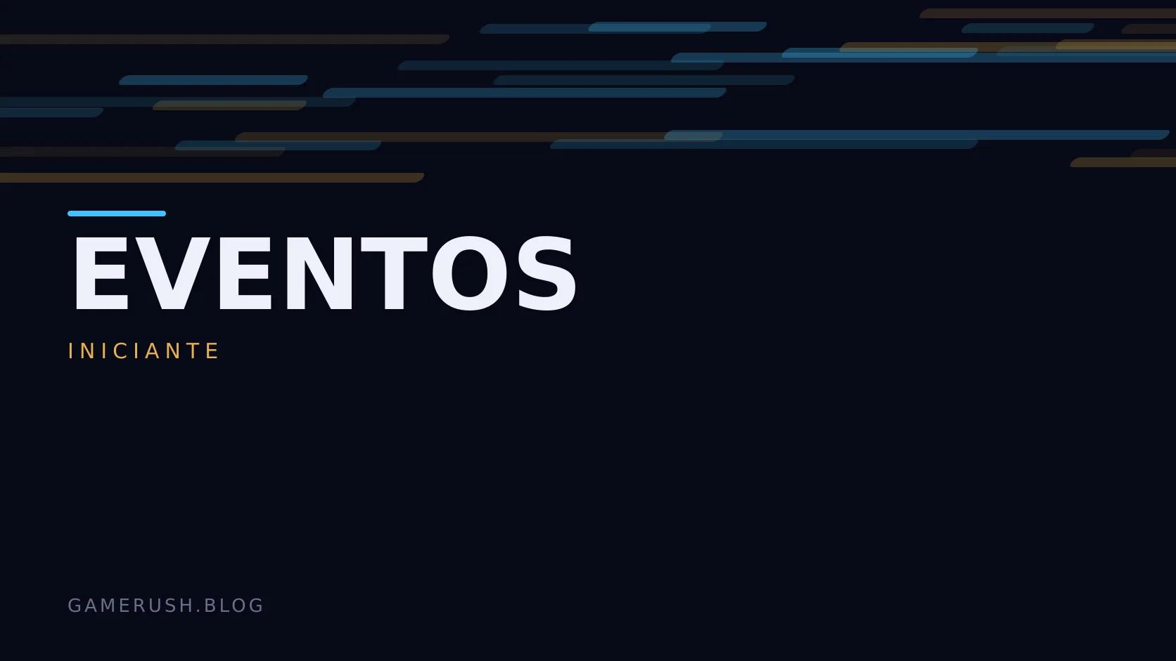 Placa tipográfica com a categoria Eventos em destaque, o nível iniciante abaixo, e um campo de barras verticais ciano sobre fundo escuro.