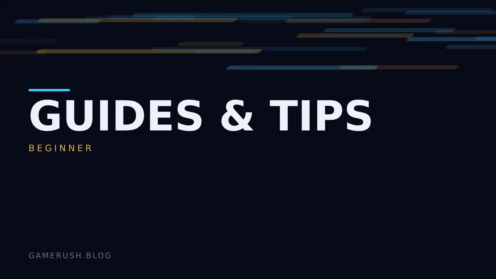 Typographic plate with the Guides & Tips category in large type, the beginner level below it, and a field of vertical cyan bars on a dark background.