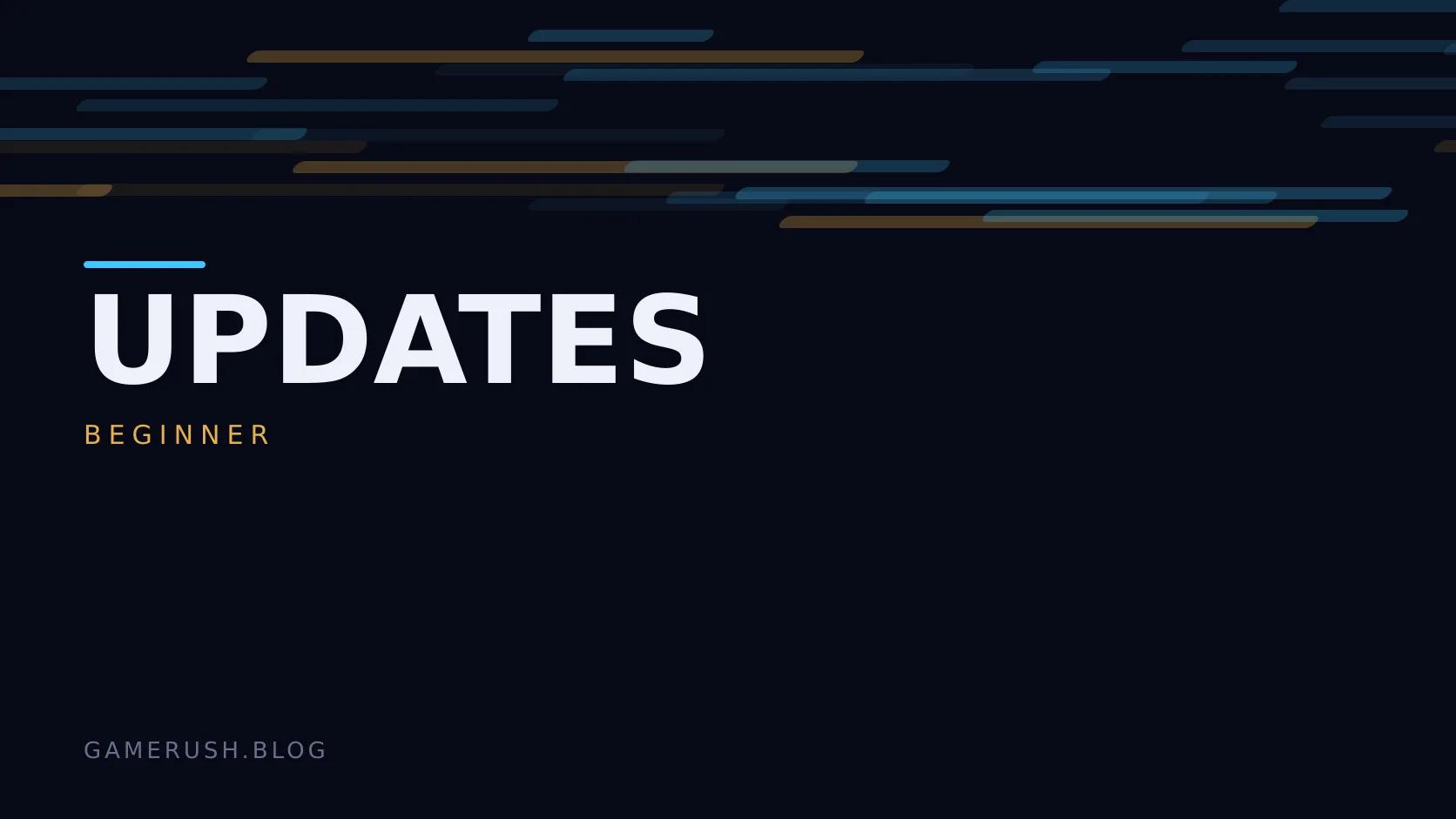 Typographic plate with the Updates category in large type, the beginner level below it, and a field of vertical cyan bars on a dark background.