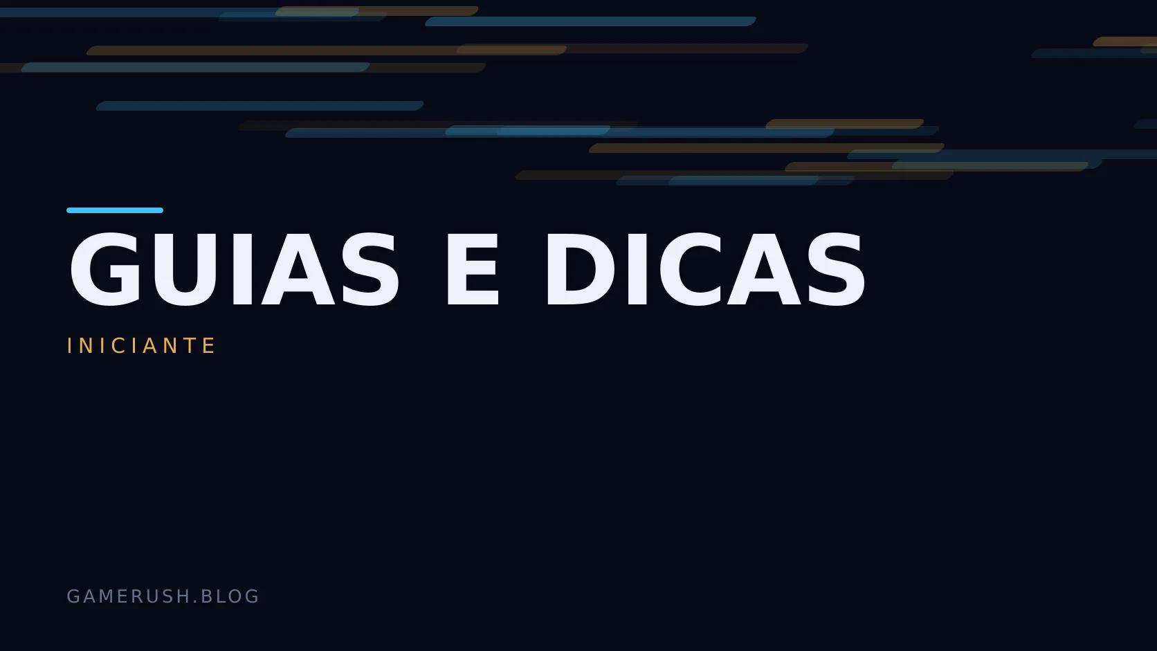 Placa tipográfica com a categoria Guias e dicas em destaque, o nível iniciante abaixo, e um campo de barras verticais ciano sobre fundo escuro.