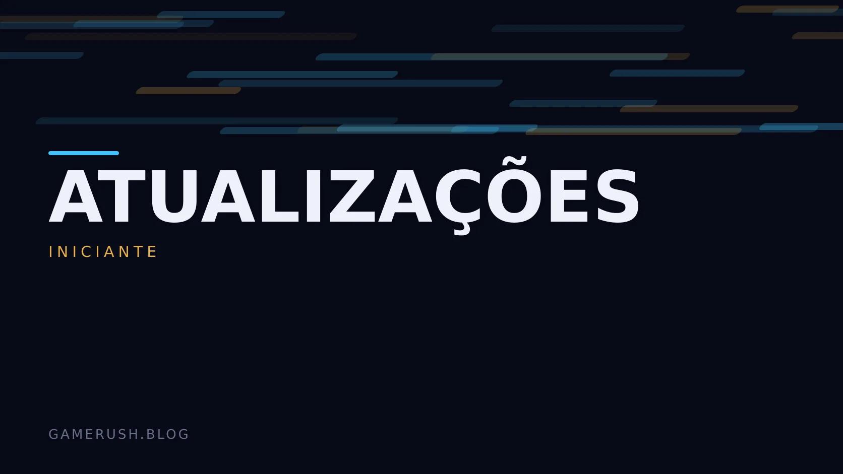 Placa tipográfica com a categoria Atualizações em destaque, o nível iniciante abaixo, e um campo de barras verticais ciano sobre fundo escuro.
