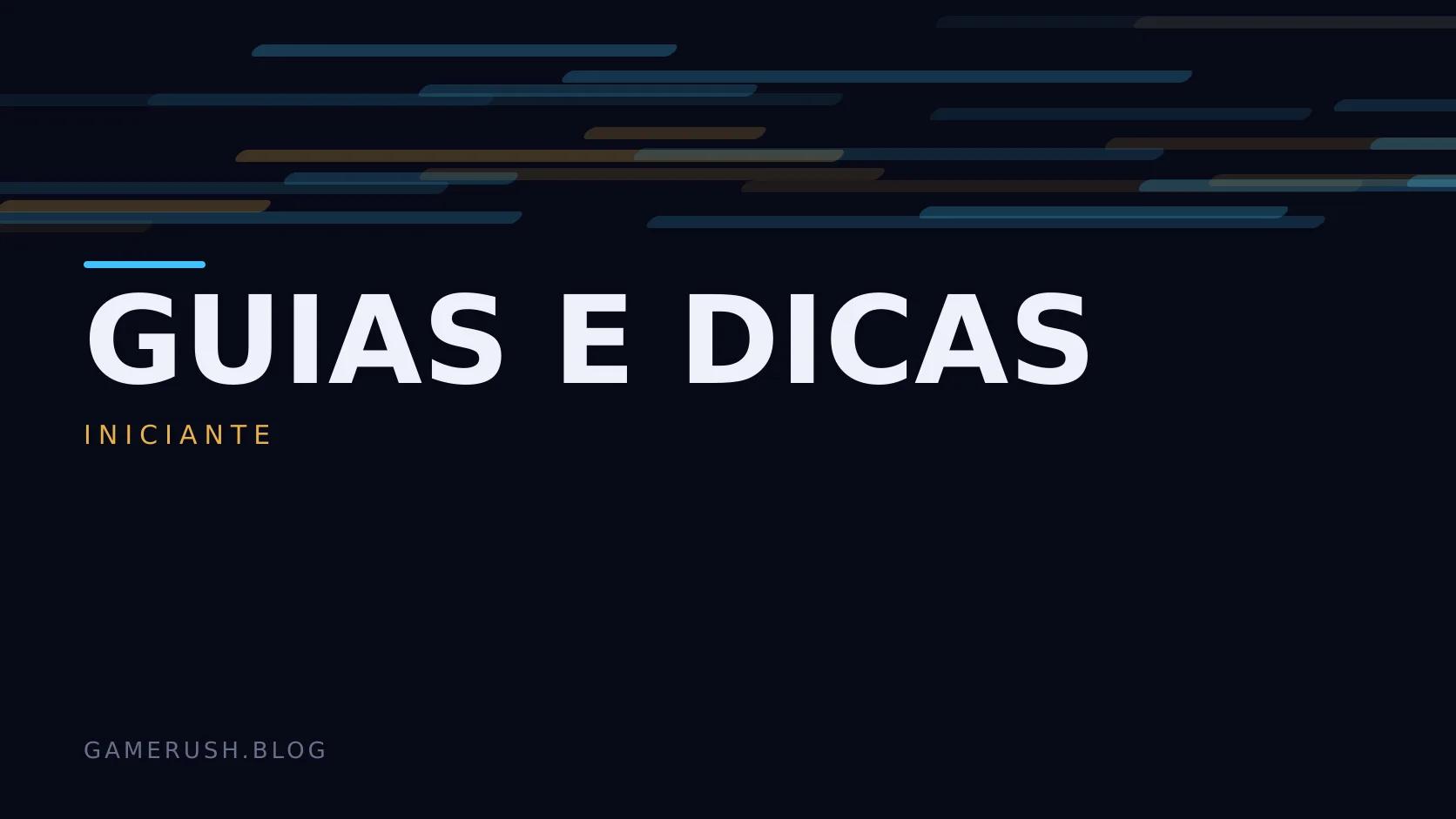 Placa tipográfica com a categoria Guias e dicas em destaque, o nível iniciante abaixo, e um campo de barras verticais ciano sobre fundo escuro.