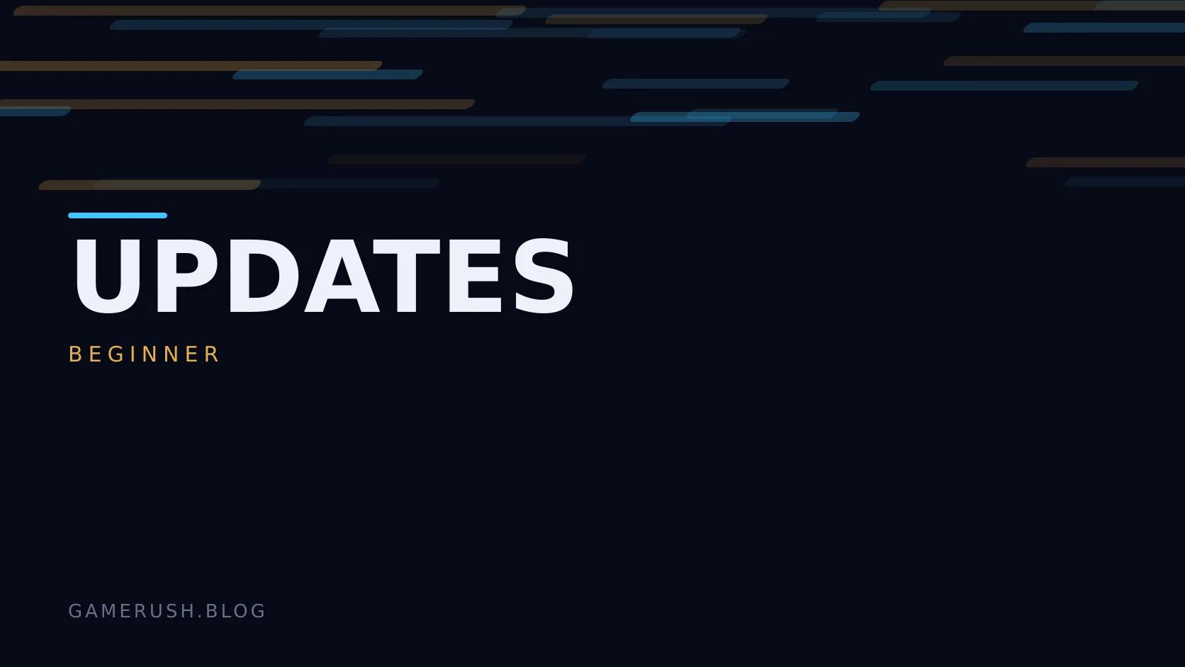 Typographic plate with the Updates category in large type, the beginner level below it, and a field of vertical cyan bars on a dark background.