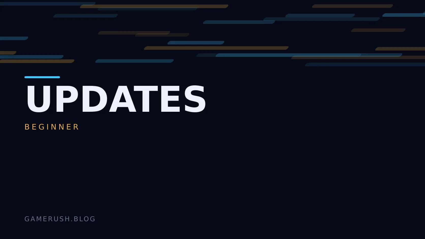 Typographic plate with the Updates category in large type, the beginner level below it, and a field of vertical cyan bars on a dark background.