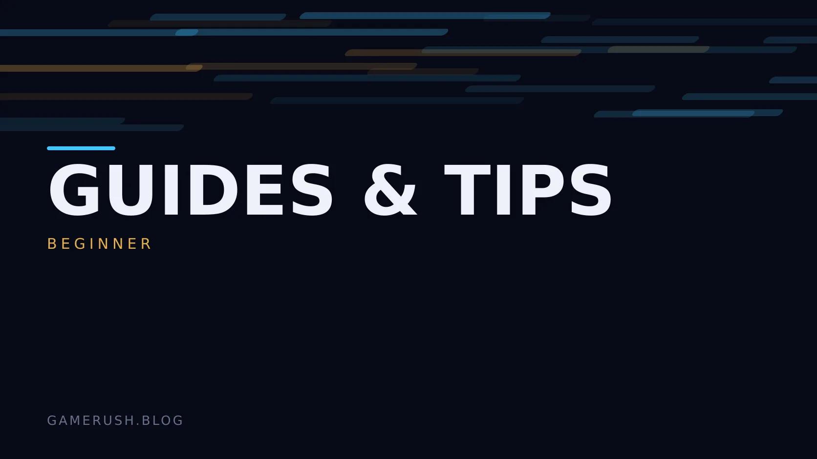Typographic plate with the Guides & Tips category in large type, the beginner level below it, and a field of vertical cyan bars on a dark background.