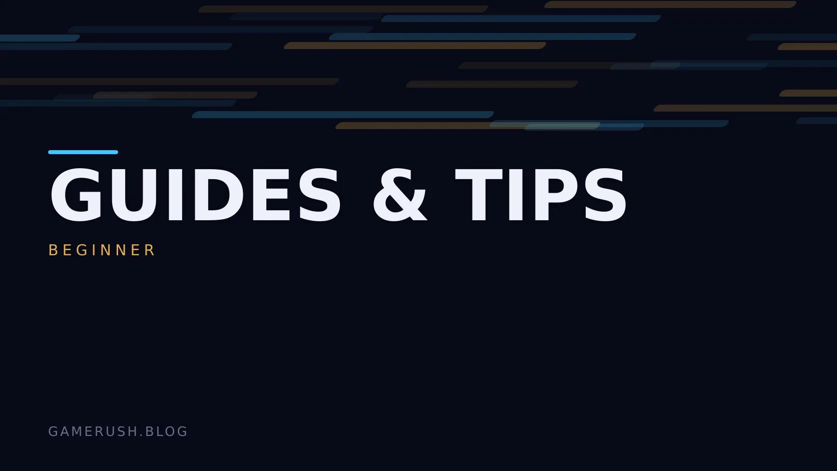 Typographic plate with the Guides & Tips category in large type, the beginner level below it, and a field of vertical cyan bars on a dark background.