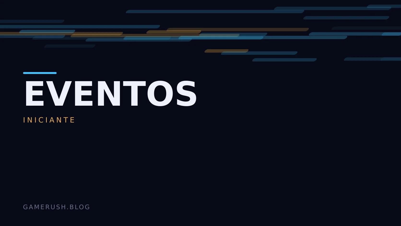 Placa tipográfica com a categoria Eventos em destaque, o nível iniciante abaixo, e um campo de barras verticais ciano sobre fundo escuro.