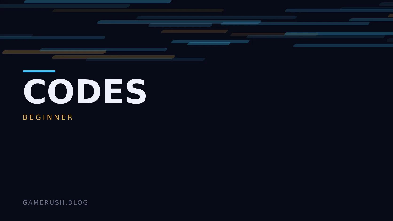 Typographic plate with the Codes category in large type, the beginner level below it, and a field of vertical cyan bars on a dark background.