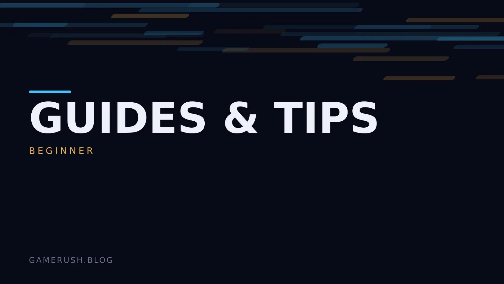 Typographic plate with the Guides & Tips category in large type, the beginner level below it, and a field of vertical cyan bars on a dark background.
