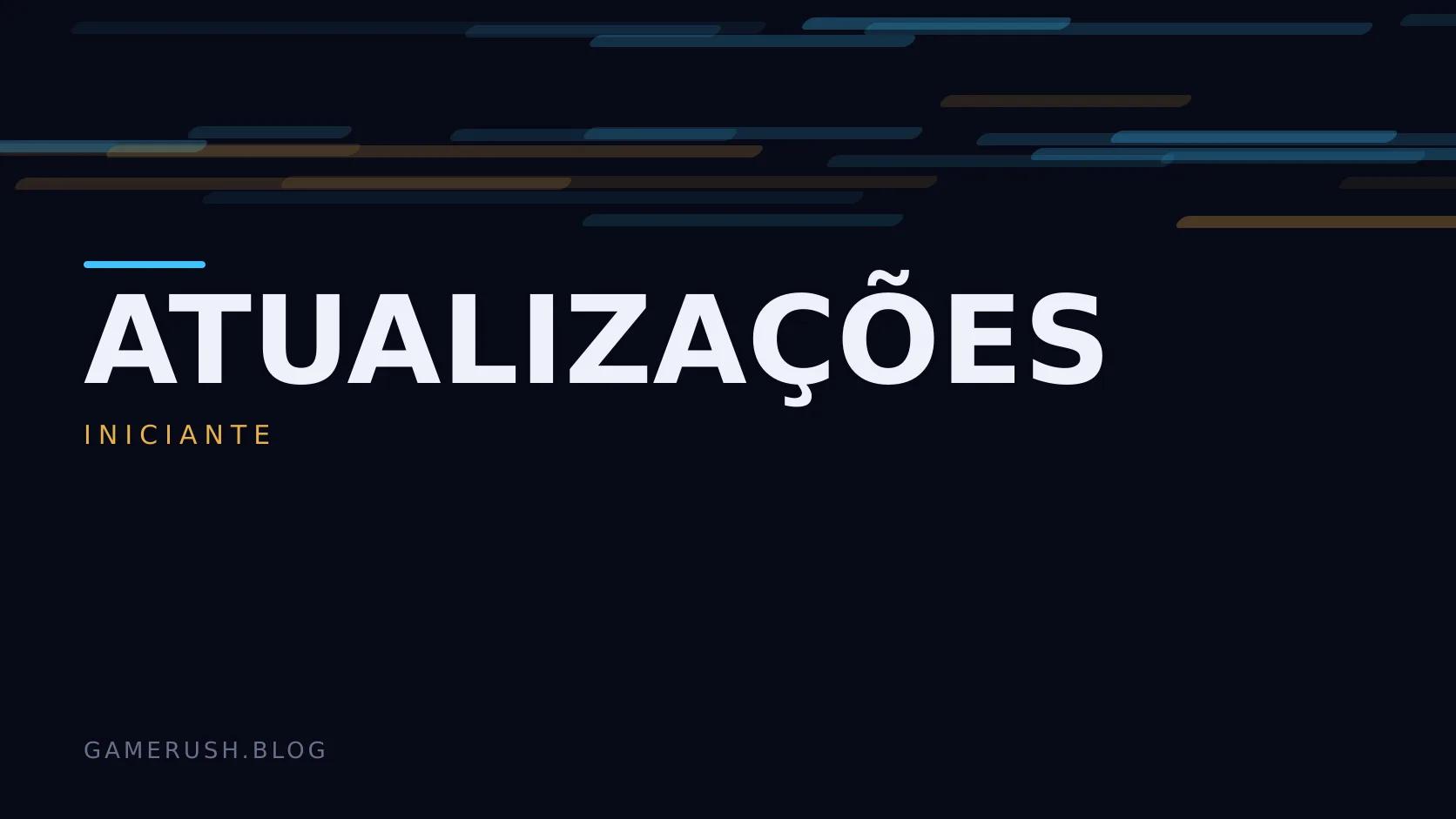 Placa tipográfica com a categoria Atualizações em destaque, o nível iniciante abaixo, e um campo de barras verticais ciano sobre fundo escuro.