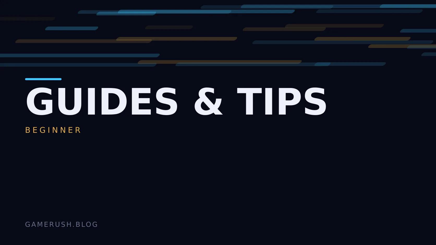 Typographic plate with the Guides & Tips category in large type, the beginner level below it, and a field of vertical cyan bars on a dark background.