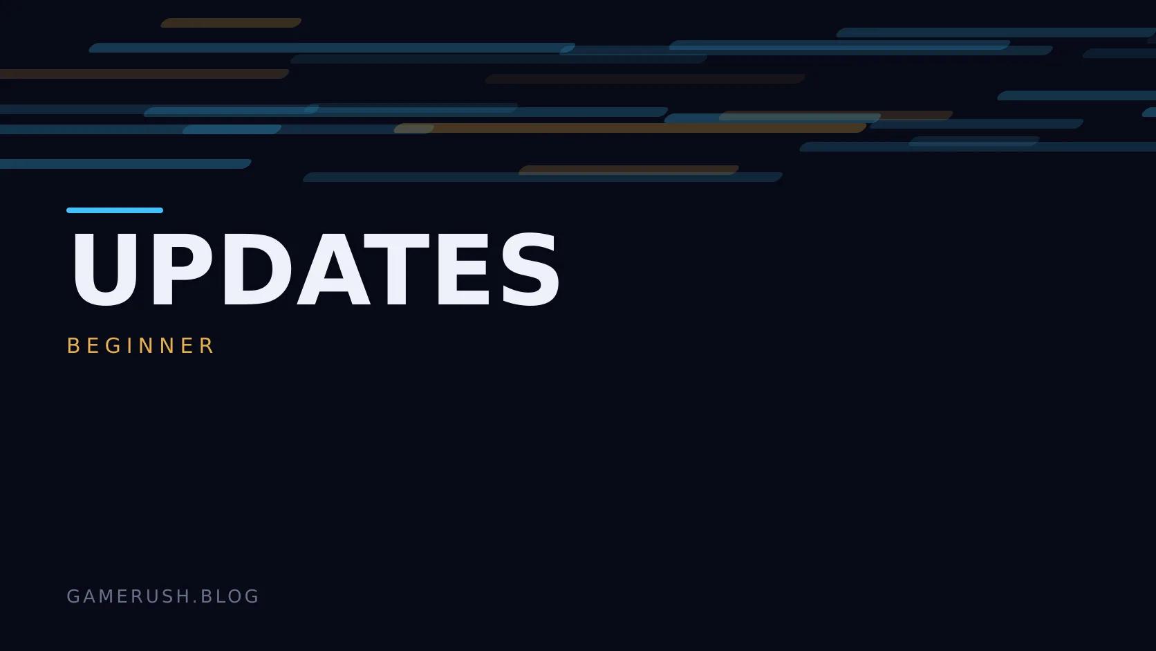 Typographic plate with the Updates category in large type, the beginner level below it, and a field of vertical cyan bars on a dark background.