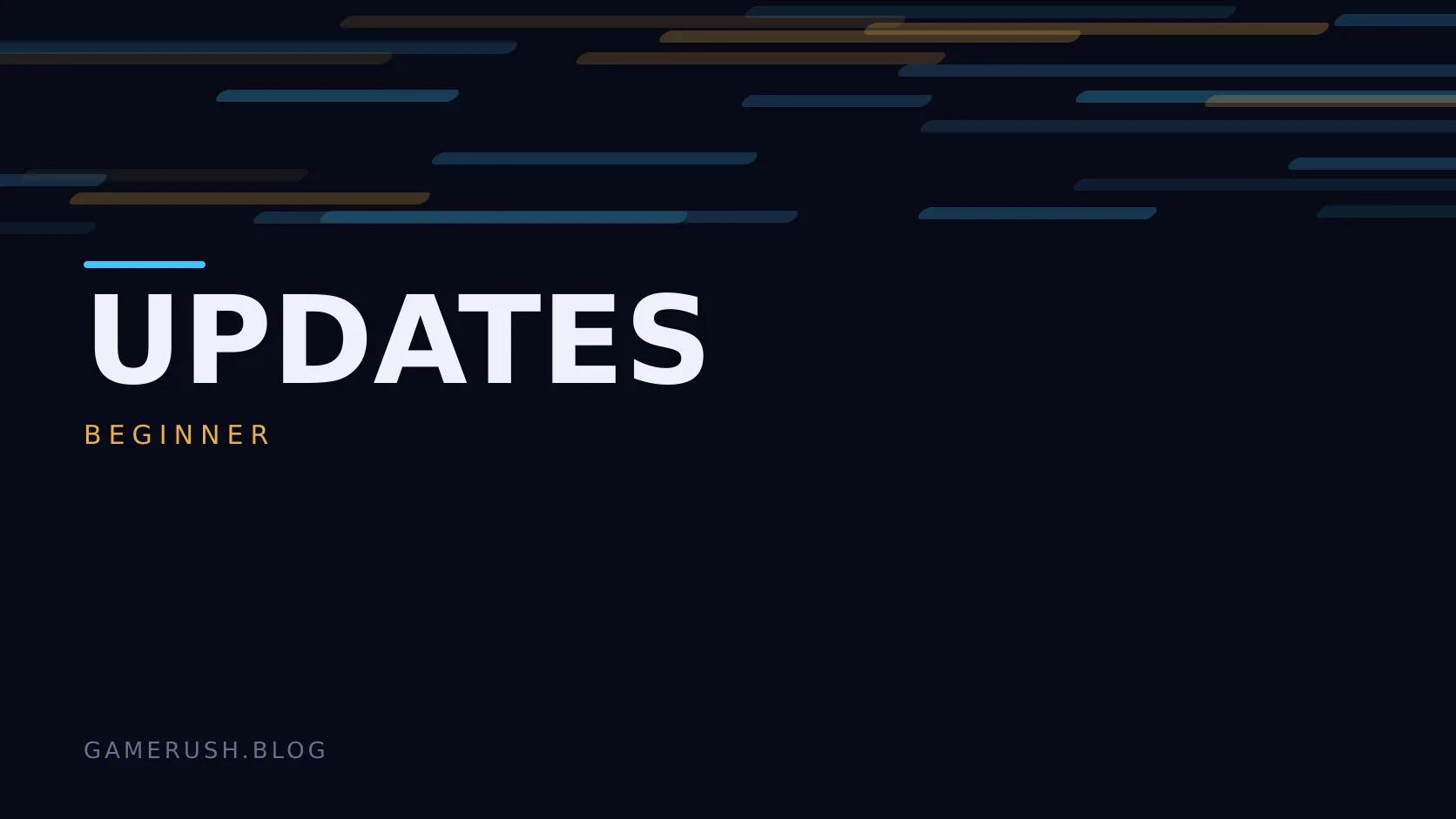 Typographic plate with the Updates category in large type, the beginner level below it, and a field of vertical cyan bars on a dark background.