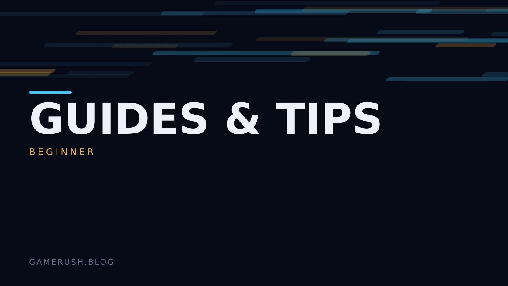 Typographic plate with the Guides & Tips category in large type, the beginner level below it, and a field of vertical cyan bars on a dark background.