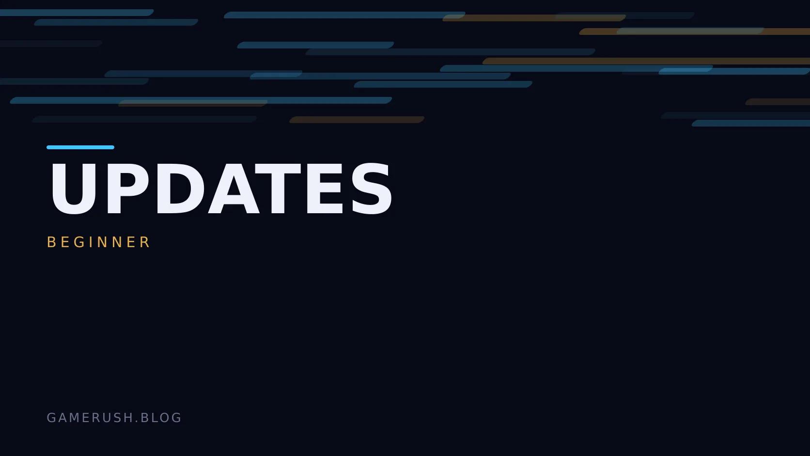 Typographic plate with the Updates category in large type, the beginner level below it, and a field of vertical cyan bars on a dark background.