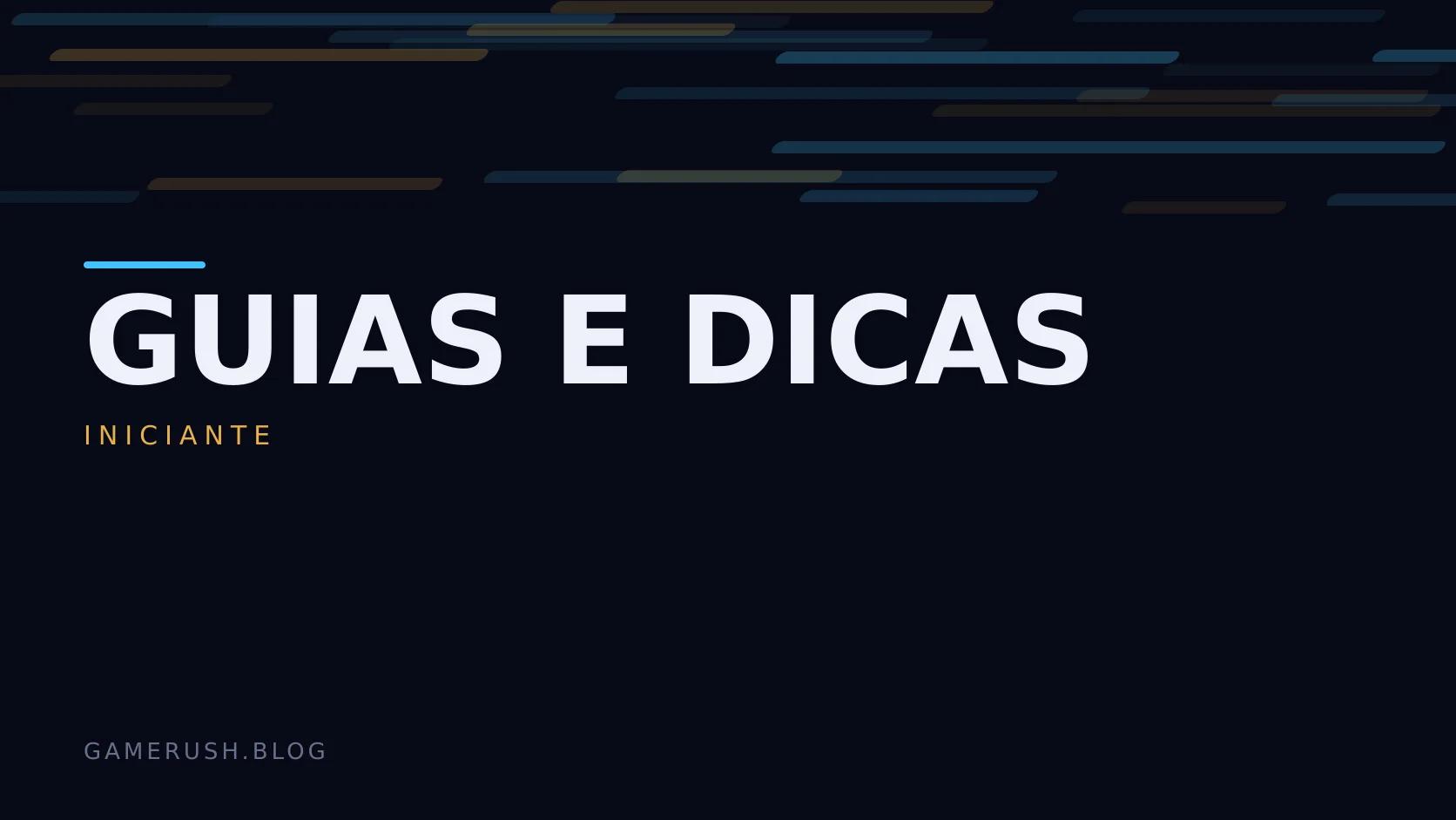 Placa tipográfica com a categoria Guias e dicas em destaque, o nível iniciante abaixo, e um campo de barras verticais ciano sobre fundo escuro.