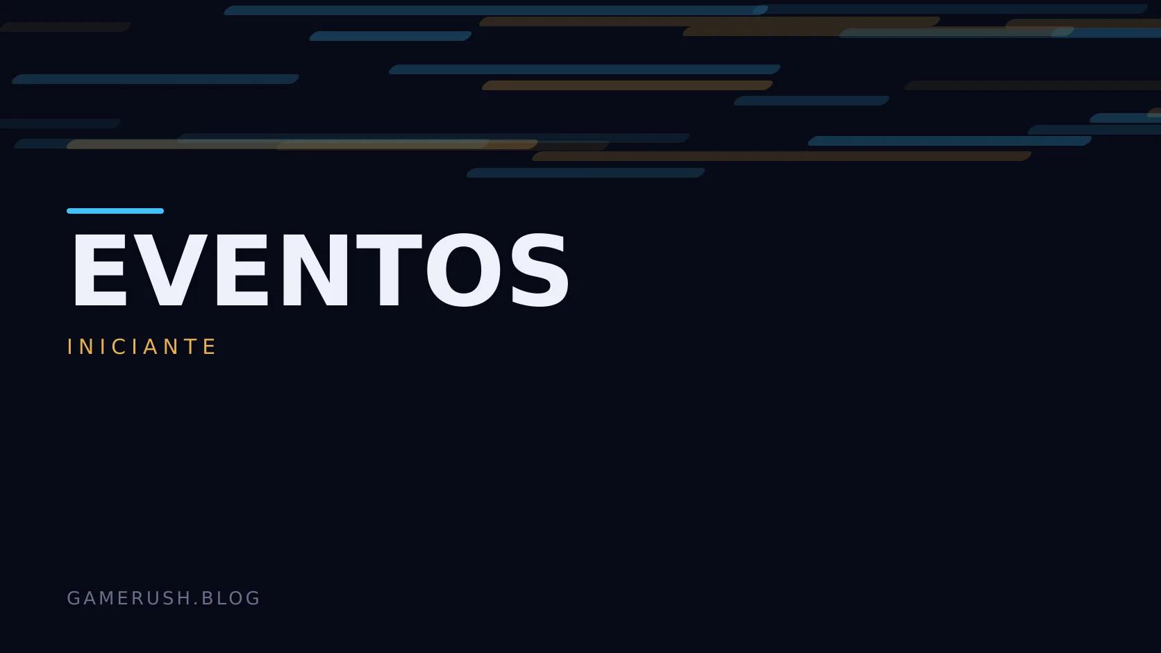 Placa tipográfica com a categoria Eventos em destaque, o nível iniciante abaixo, e um campo de barras verticais ciano sobre fundo escuro.