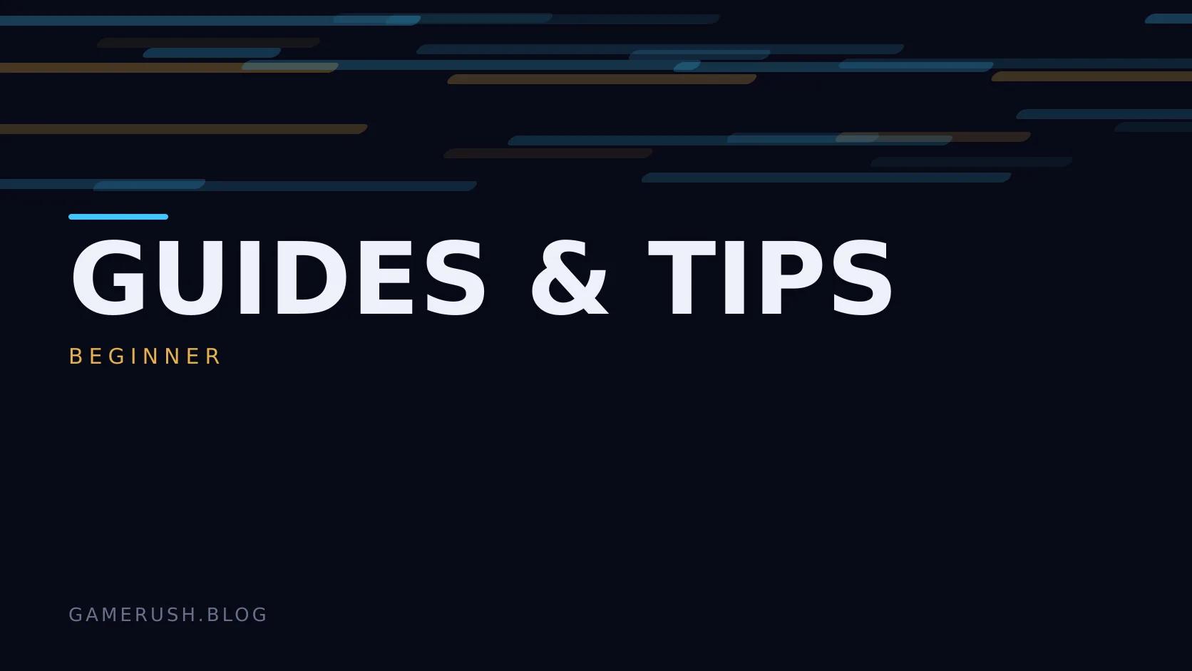 Typographic plate with the Guides & Tips category in large type, the beginner level below it, and a field of vertical cyan bars on a dark background.