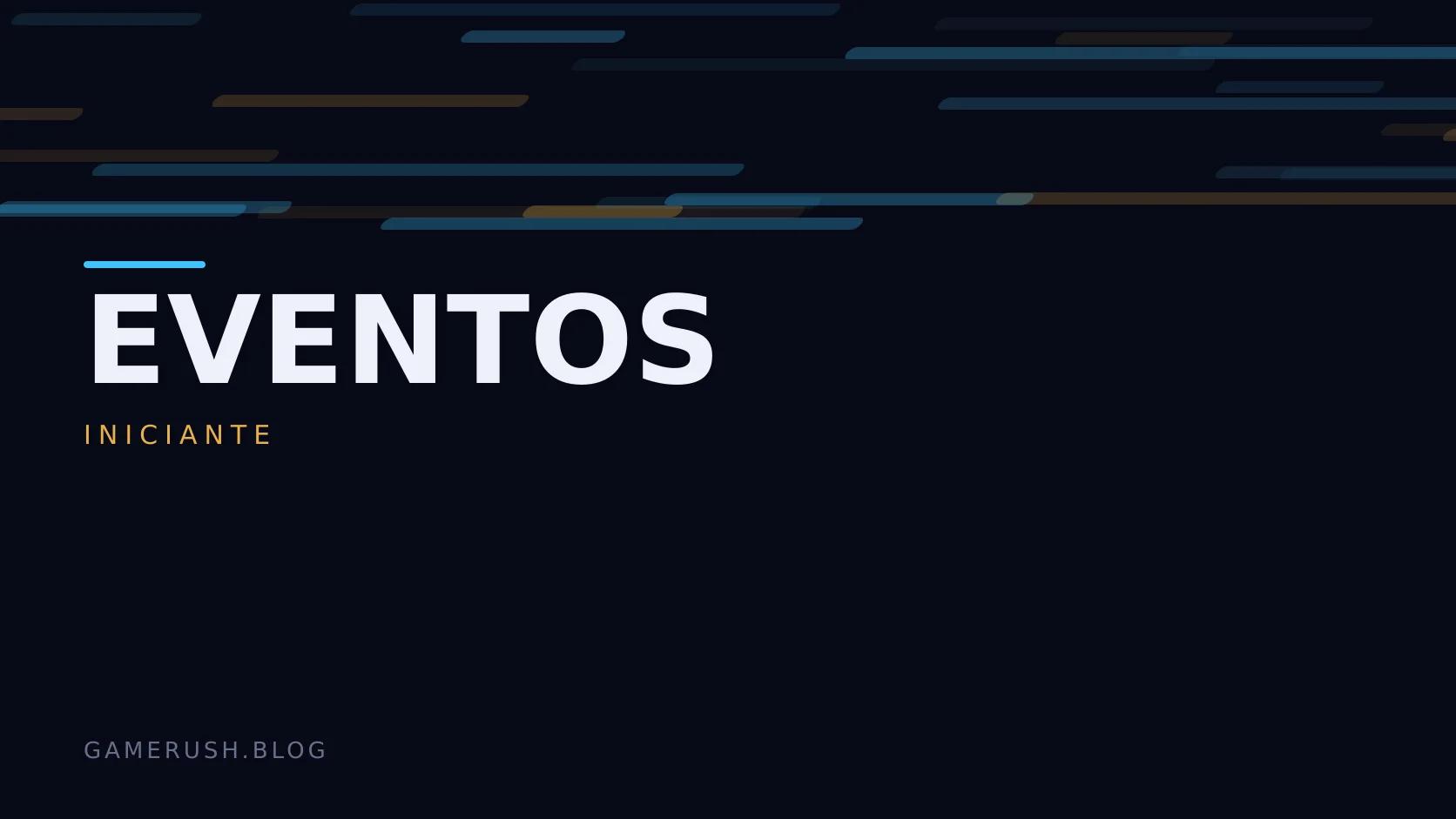 Placa tipográfica com a categoria Eventos em destaque, o nível iniciante abaixo, e um campo de barras verticais verdes sobre fundo escuro.