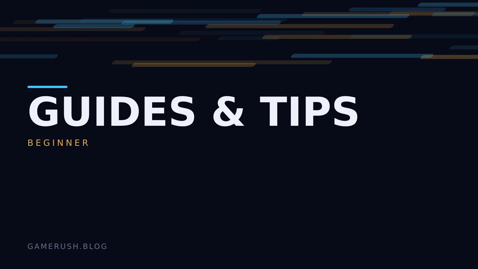 Typographic plate with the Guides & Tips category in large type, the beginner level below it, and a field of vertical cyan bars on a dark background.