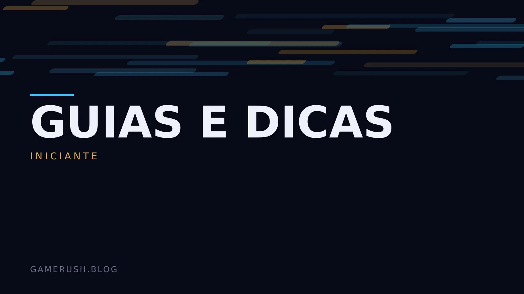 Placa tipográfica com a categoria Guias e dicas em destaque, o nível iniciante abaixo, e um campo de barras verticais ciano sobre fundo escuro.