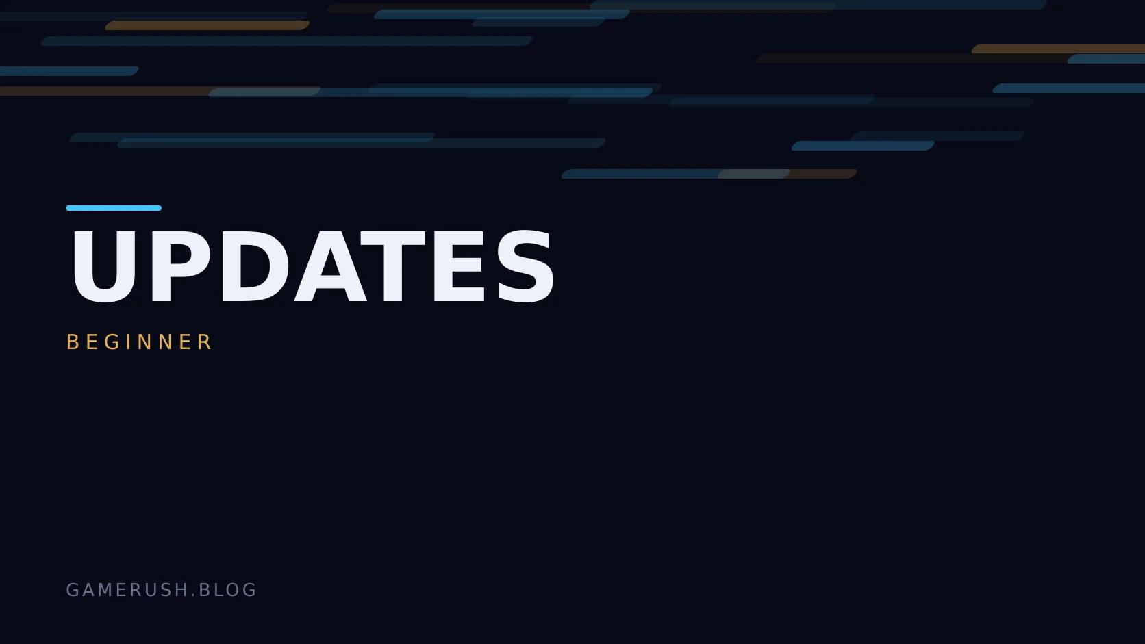Typographic plate with the Updates category in large type, the beginner level below it, and a field of vertical cyan bars on a dark background.