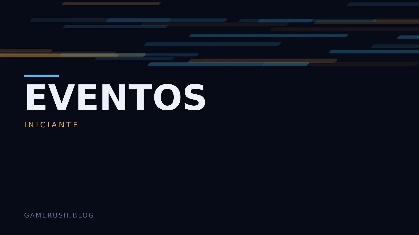 Placa tipográfica com a categoria Eventos em destaque, o nível iniciante abaixo, e um campo de barras verticais verdes sobre fundo escuro.