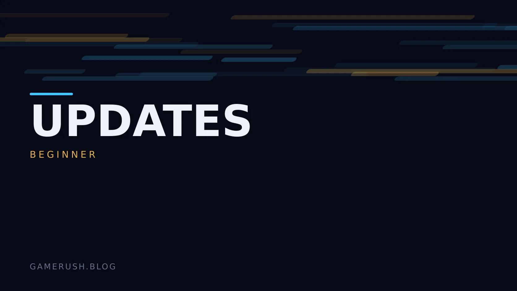Typographic plate with the Updates category in large type, the beginner level below it, and a field of vertical cyan bars on a dark background.