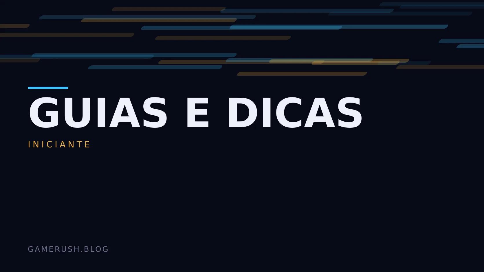 Placa tipográfica com a categoria Guias e dicas em destaque, o nível iniciante abaixo, e um campo de barras verticais ciano sobre fundo escuro.